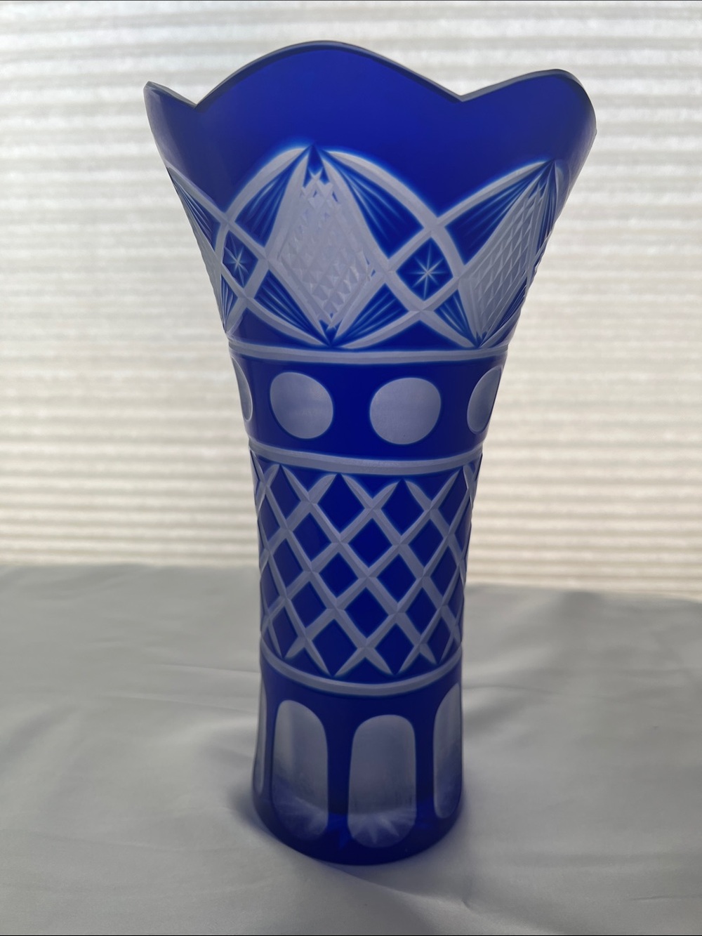 Cobalt Blue Cut Crystal Vase - Elegant Home Accent 9" height